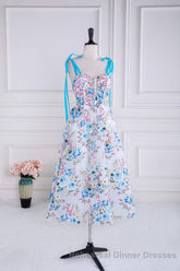 Blue and White Floral Bow Tie Straps A-line Tea-Length Semi Formal Prom Dress